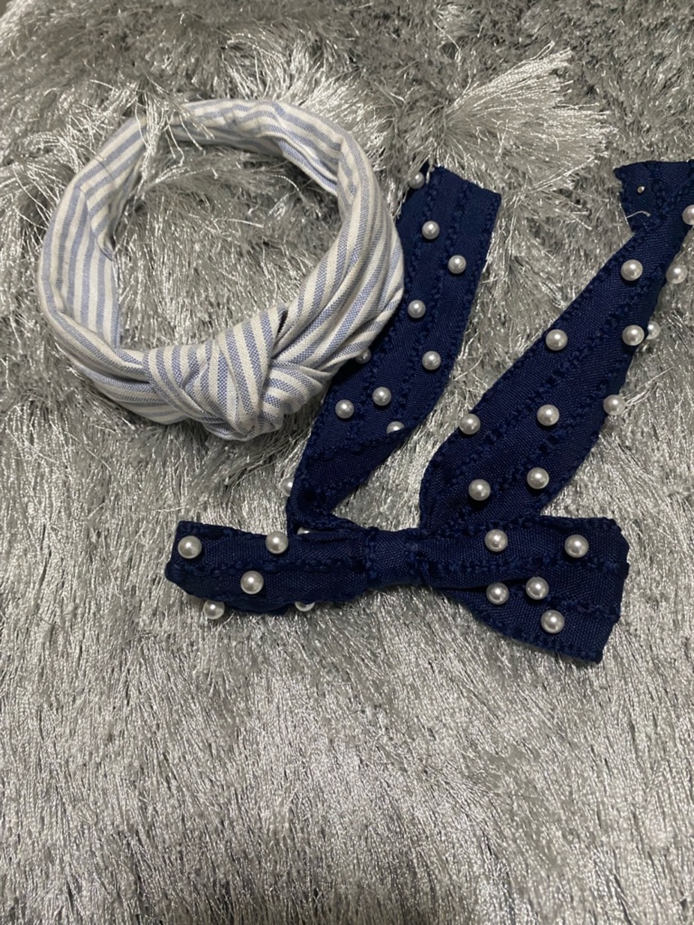 Striped Blue & White Knot Headband with Navy Pearl-Embellished Scarf Accent